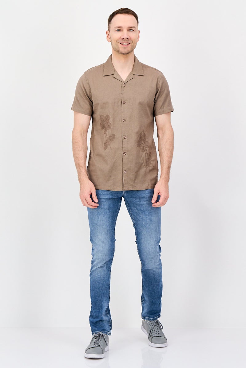 Threadbare Men Regular Fit Short Sleeve Embroidered Casual Shirt, Taupe - Image 4